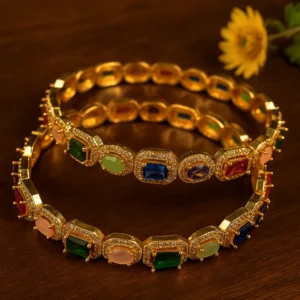 Elegant octagon cut gemstone gold bangles with diamond border premium look