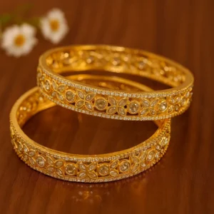 Floral kundan pattern gold bangles with diamond border elegant traditional wedding jewelry