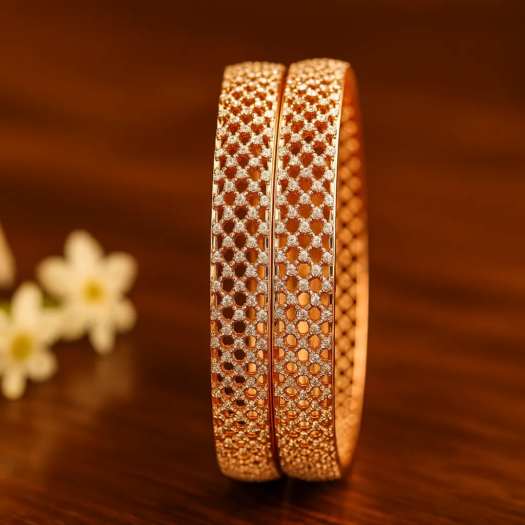 Rose gold lattice diamond bangles modern luxury design for elegant party and wedding wear