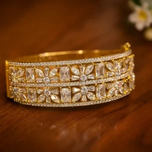 Floral motif wide diamond bracelet with geometric crystal arrangement for wedding and celebration looks