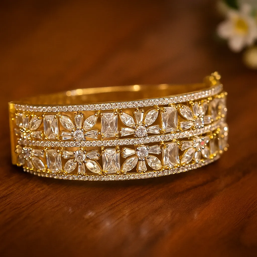 Floral motif wide diamond bracelet with geometric crystal arrangement for wedding and celebration looks