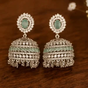Mint green stone layered jhumka earrings with diamond accents for royal festive style