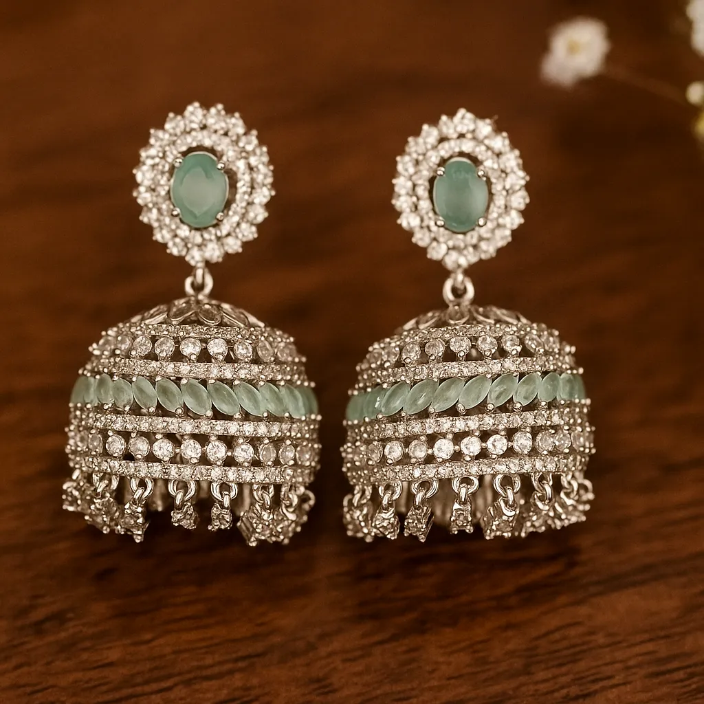 Mint green stone layered jhumka earrings with diamond accents for royal festive style