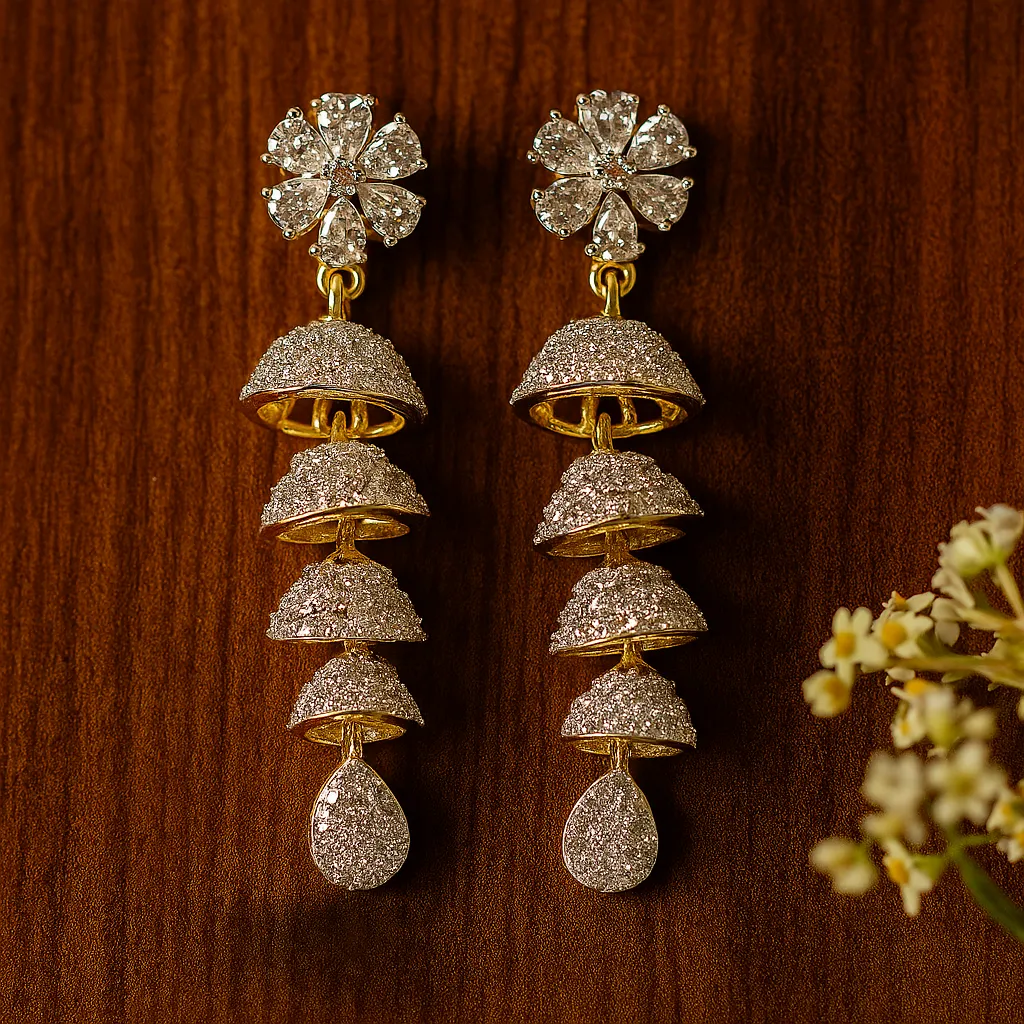 Floral diamond drop earrings in gold and silver tones perfect for party and cocktail looks