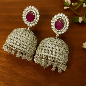 Ruby studded diamond jhumka earrings for premium wedding and ethnic outfits
