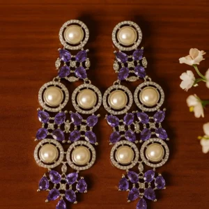 Pearl and amethyst designer long earrings with diamond sparkle for festive occasions