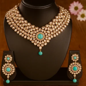 Kundan turquoise stone bridal choker set with matching earrings|