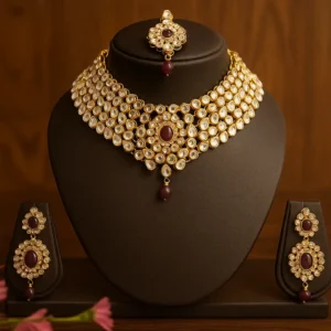Luxury maroon stone bridal choker set with kundan work|