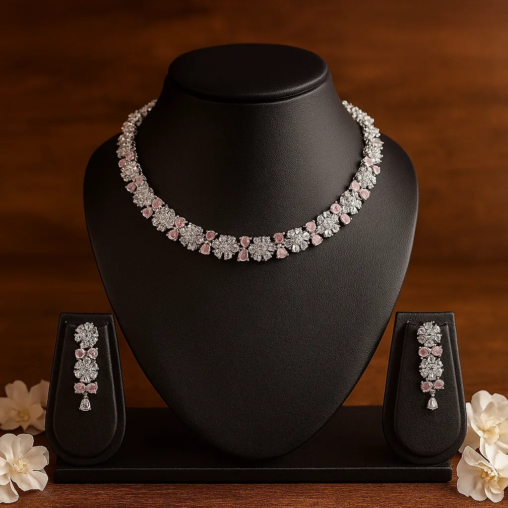 pink diamond floral necklace set