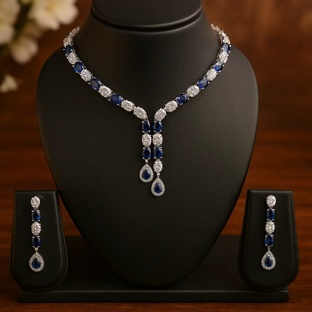 blue sapphire drop diamond necklace set