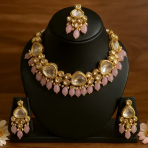 Royal pink and gold kundan choker set with matching earrings and maang tikka|
