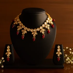 Ruby drop gold necklace set with kundan leaf pattern design|