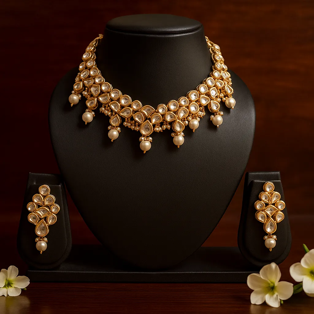 Classic pearl drop kundan choker necklace set|