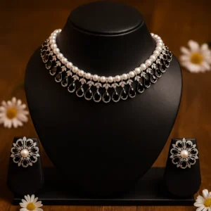 Silver pearl drop choker necklace set with matching earrings|