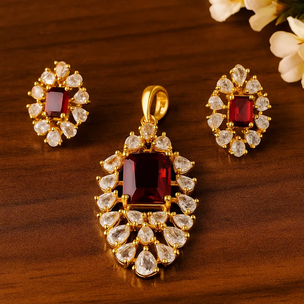 Ruby Red Stone Pendant Earring Set