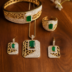 Classic emerald square designer jewelry set with bracelet ring and pendants