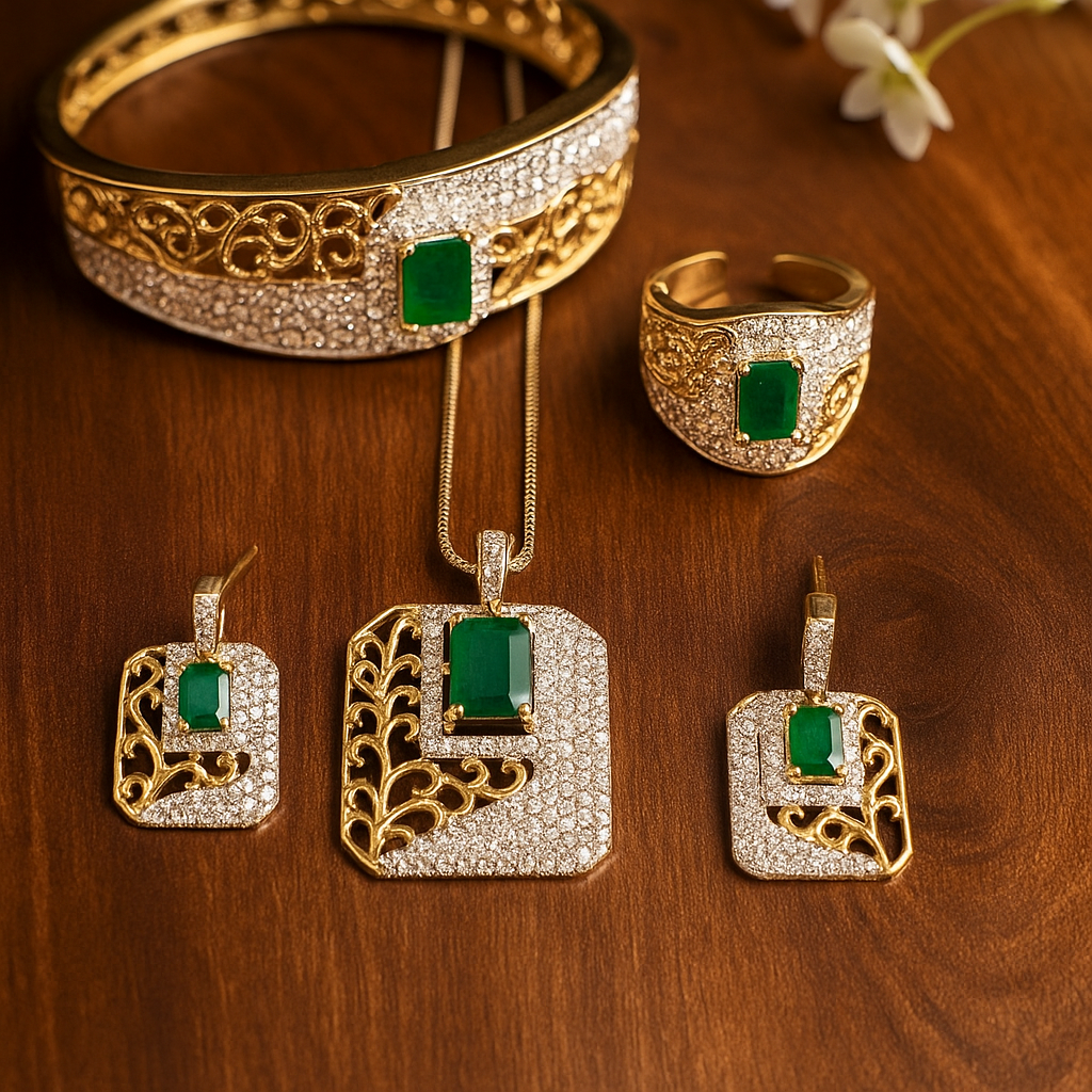Classic emerald square designer jewelry set with bracelet ring and pendants