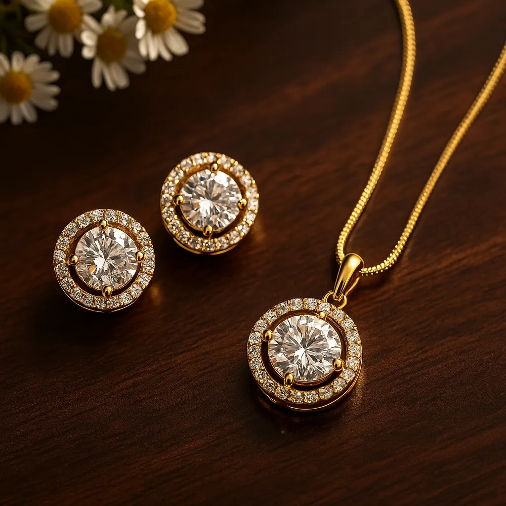 Round Halo Cubic Zirconia Pendant Earring Set
