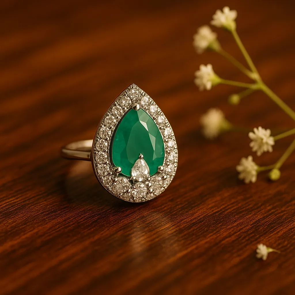 Emerald Green Teardrop Halo Ring