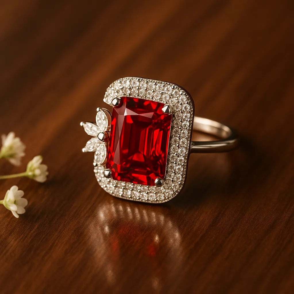 Ruby Red Square Floral CZ Ring