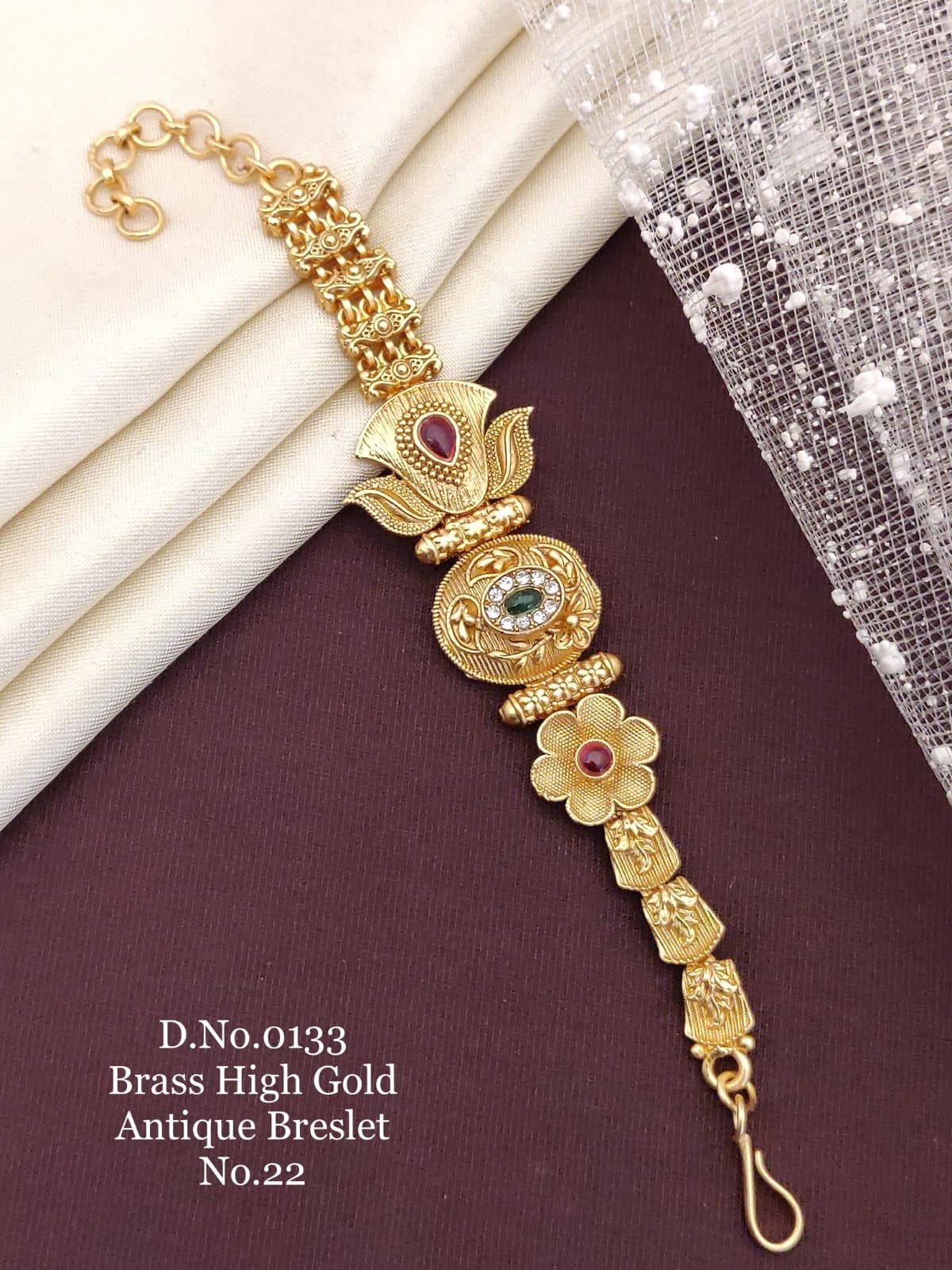 Brass high gold antique lotus floral bracelet