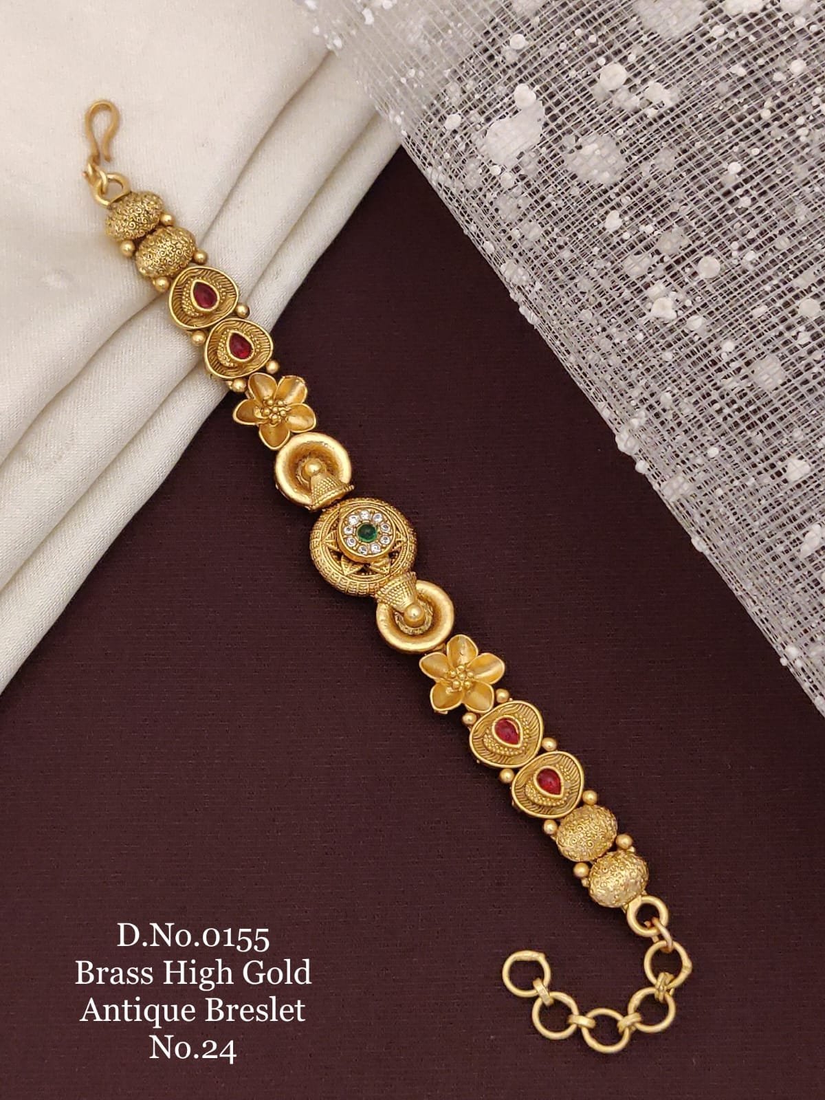 Brass high gold antique dual stone floral bracelet