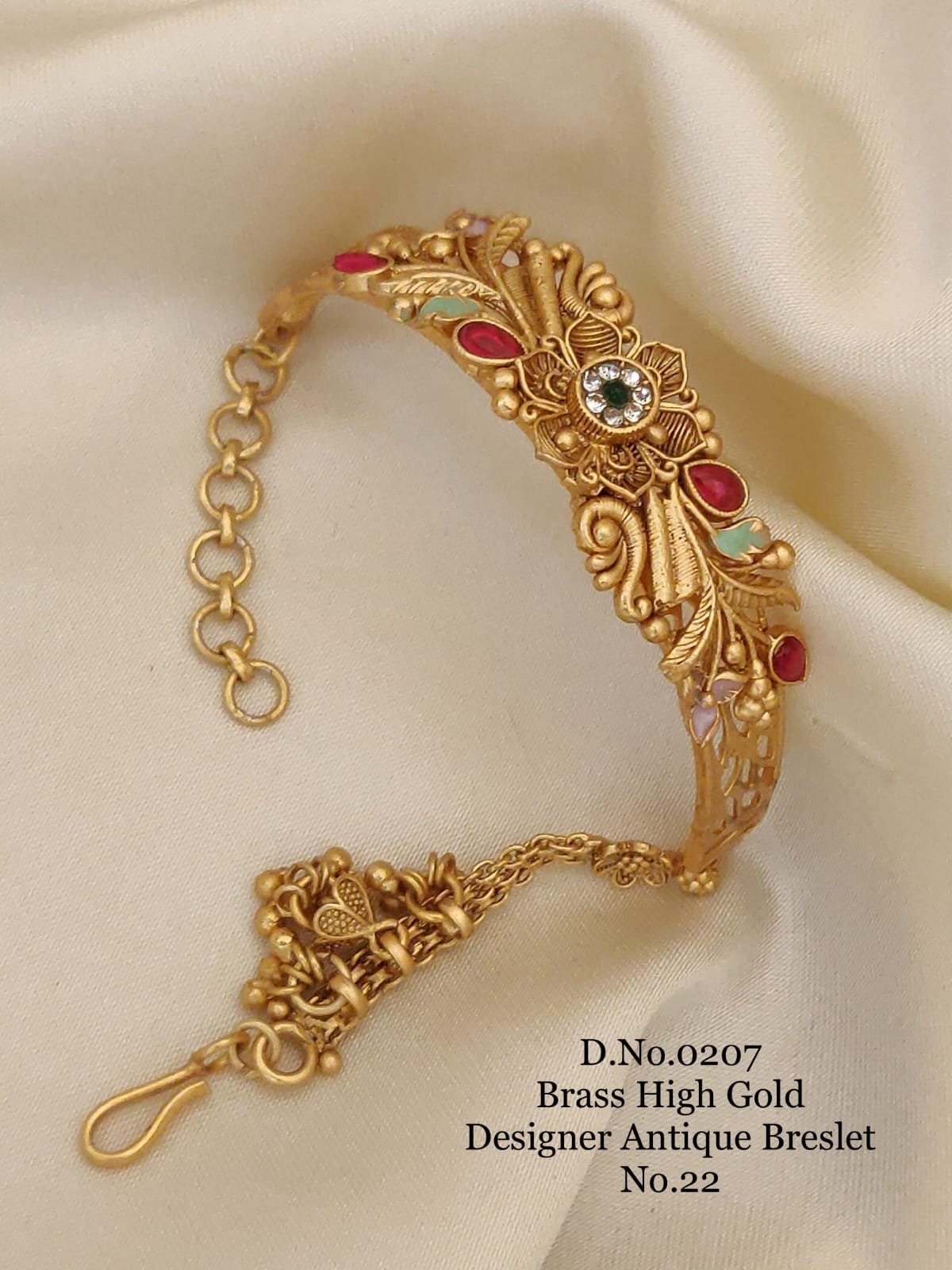 Brass high gold designer antique bracelet red and green stone work
