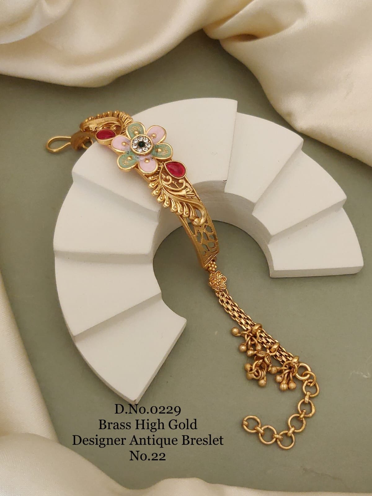 Brass high gold designer antique bracelet pastel enamel flower
