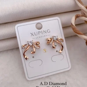 Ad diamond rose gold ribbon heart stone designer stud earrings