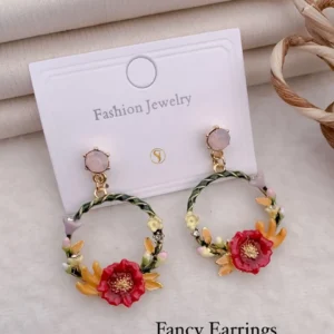 Bright red flower artistic hoop earrings