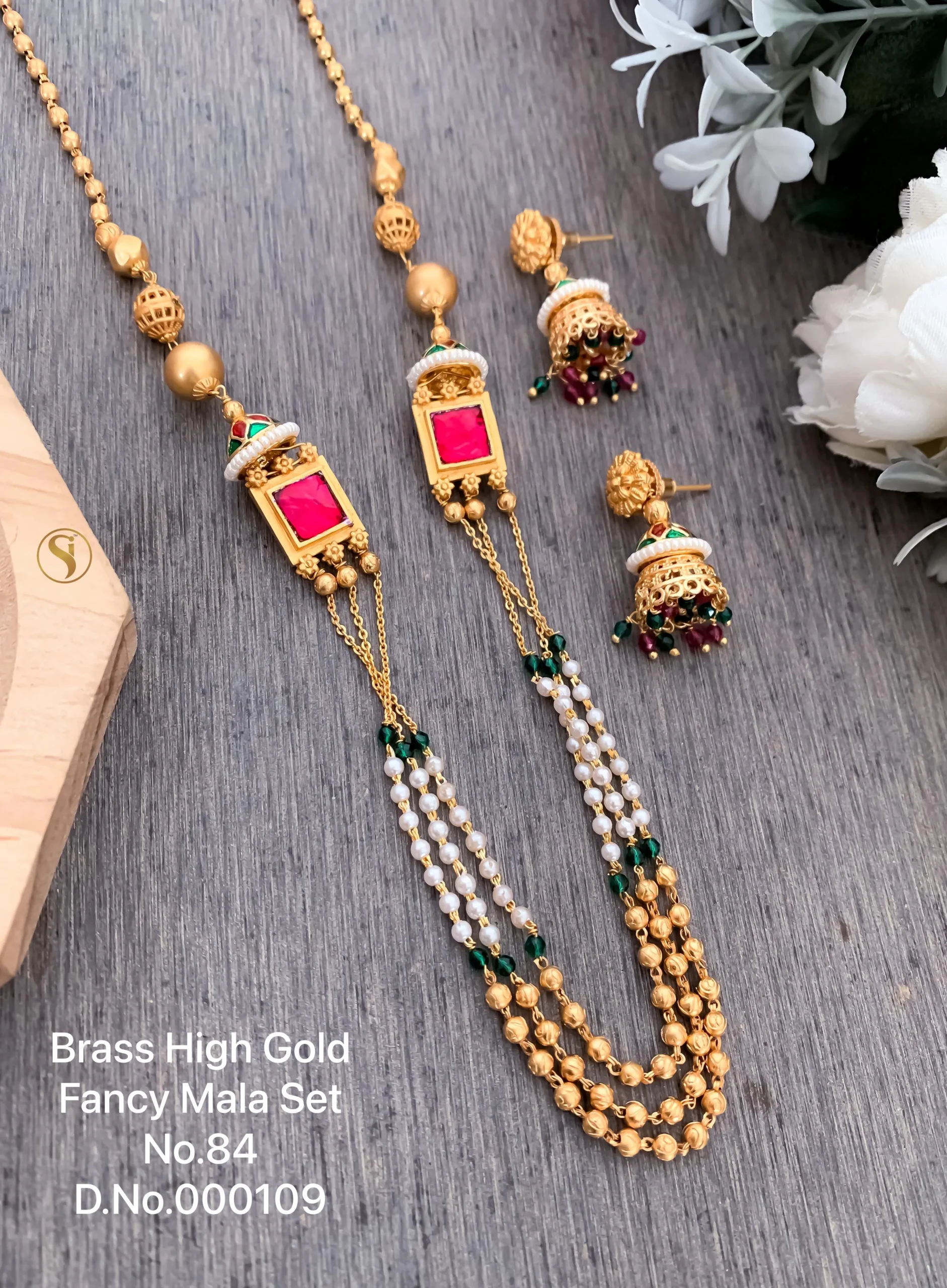 Royal pink stone pearl layered fancy mala set for festive occasions