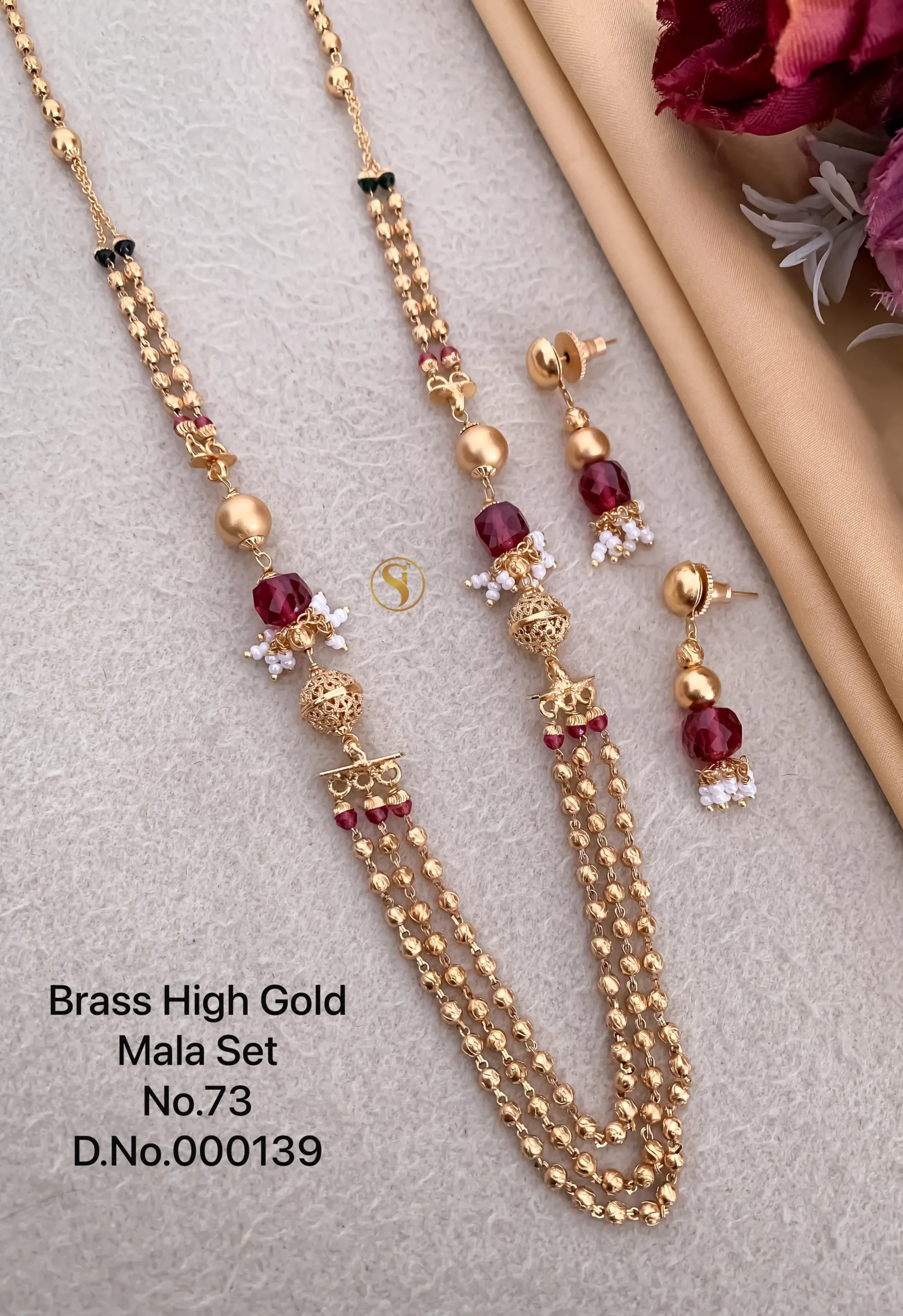 Designer ruby gold mala set with layered chains for weddings