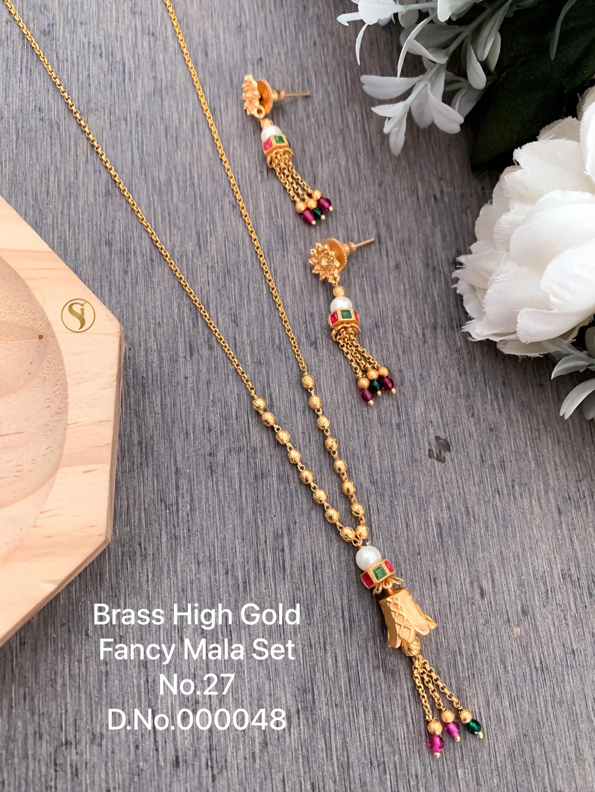 Brass high gold multicolour beads mala set with earrings