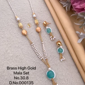 Brass high gold mala set with premium pearl and aqua stone