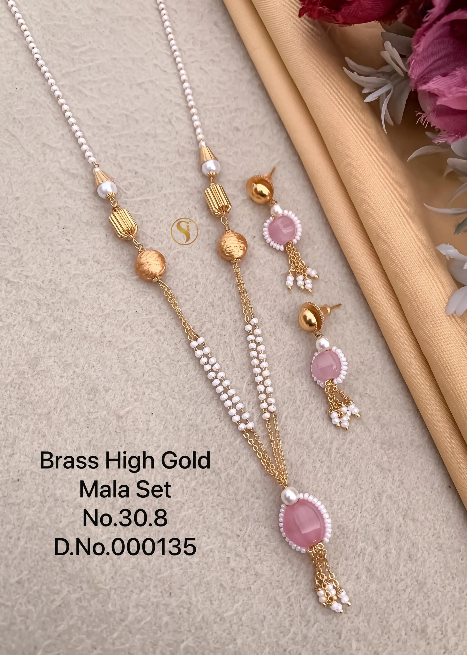 Brass high gold mala set with soft pink stone and pearl layering