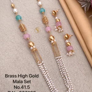 Brass high gold mala set with pastel stones and multi layer pearls