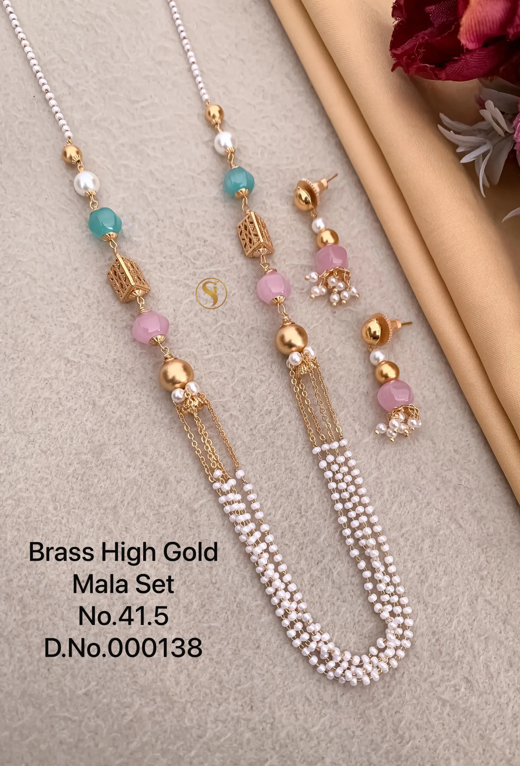 Brass high gold mala set with pastel stones and multi layer pearls