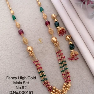 Fancy high gold mala set with ruby green beads and layered chain