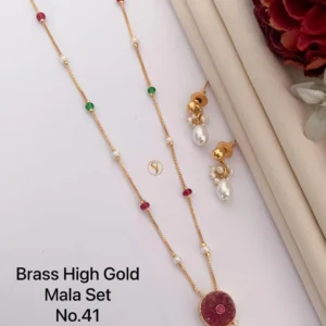 Brass high gold mala set with pearl and multicolour beads