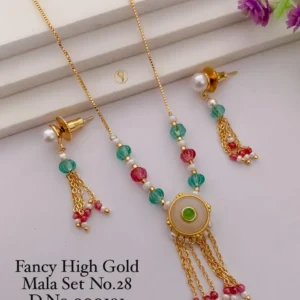 Fancy high gold moti mala set with matching earrings
