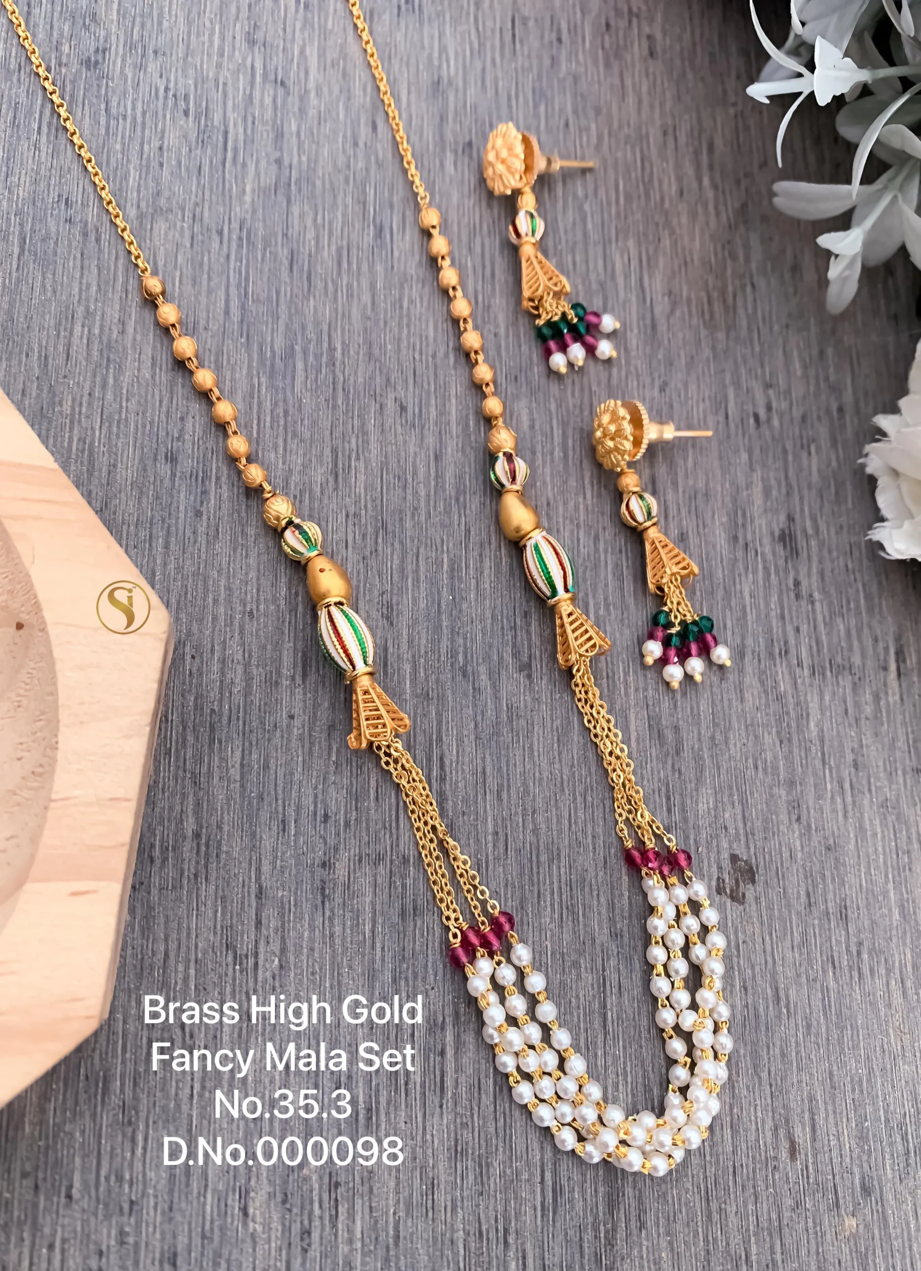 Brass high gold multicolour enamel bead pearl mala set