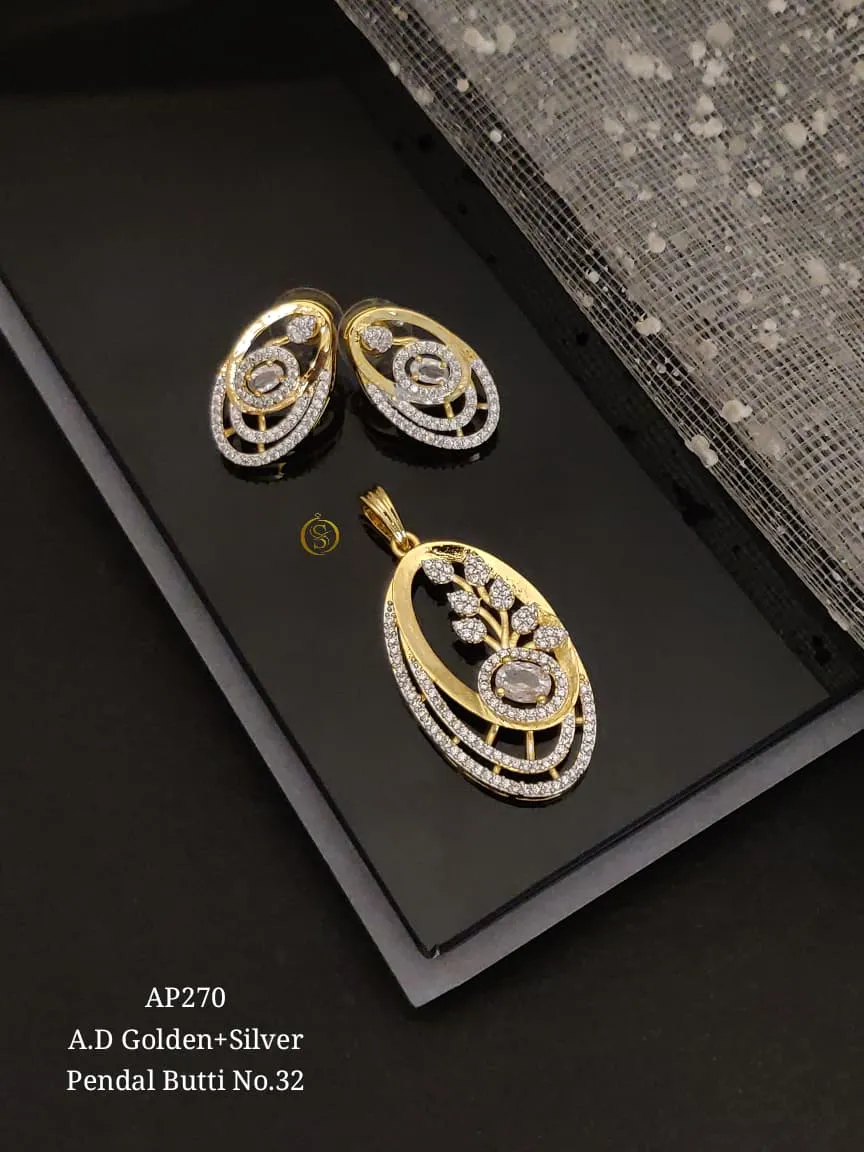 Dual tone gold and silver ad stone pendant earrings set with oval layered floral design