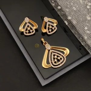 Direct gold ad stone pendant earrings set with modern triangle frame design