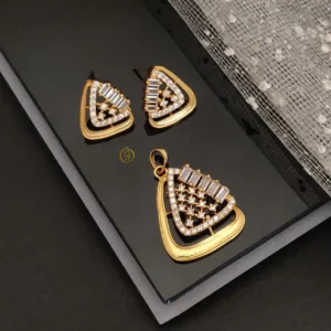 Direct gold ad stone pendant earrings set with baguette triangle designer look