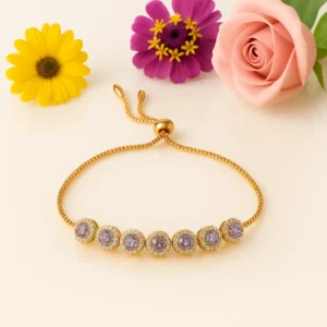 Classic gold adjustable bracelet with purple stone floral accents