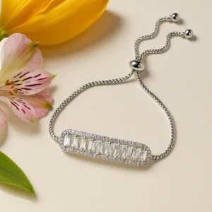 Silver bracelet with long baguette crystal bar