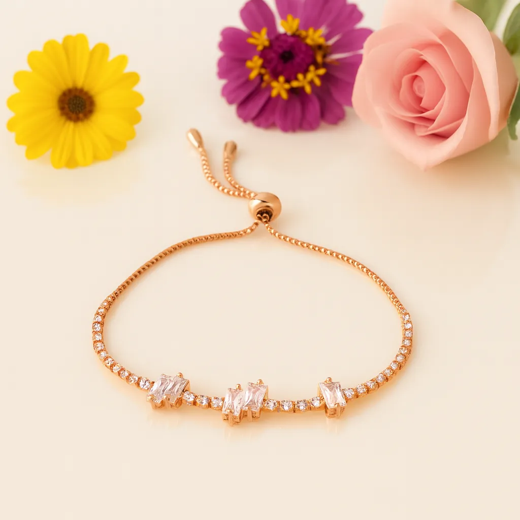 Rose gold bracelet with three baguette crystal clusters
