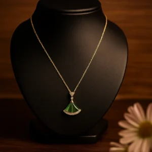 Stylish Green Stone Pendant Gold Necklace With Diamond Accents|