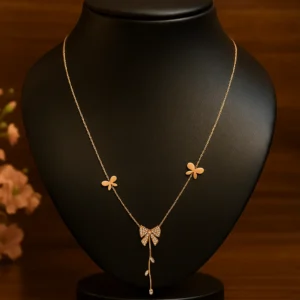 Elegant bow design necklace with sparkling stones in gold/silver/rose gold polish