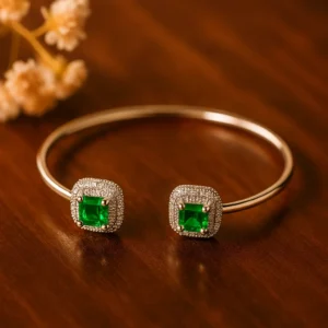Dual Emerald Square Stone Openable Silver Bracelet